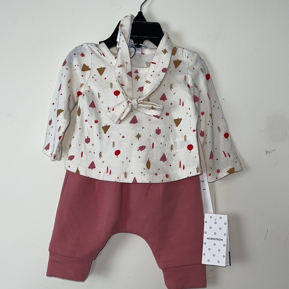 Nordstrom Star Long Sleeve Top, Pants & Headband Set Ivory Winter- Pink, Size 3M - Picture 2 of 5